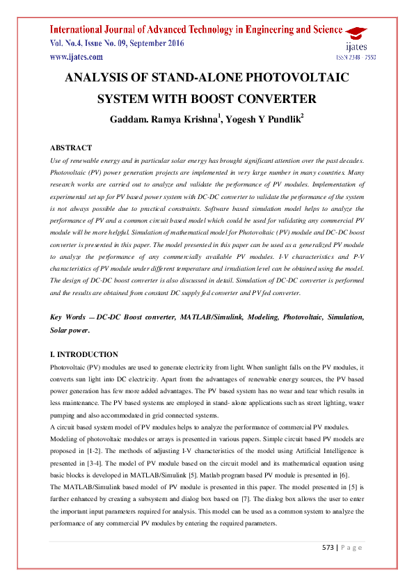 (PDF) Analysis of Stand-Alone Photovoltaic System with Boost Converter