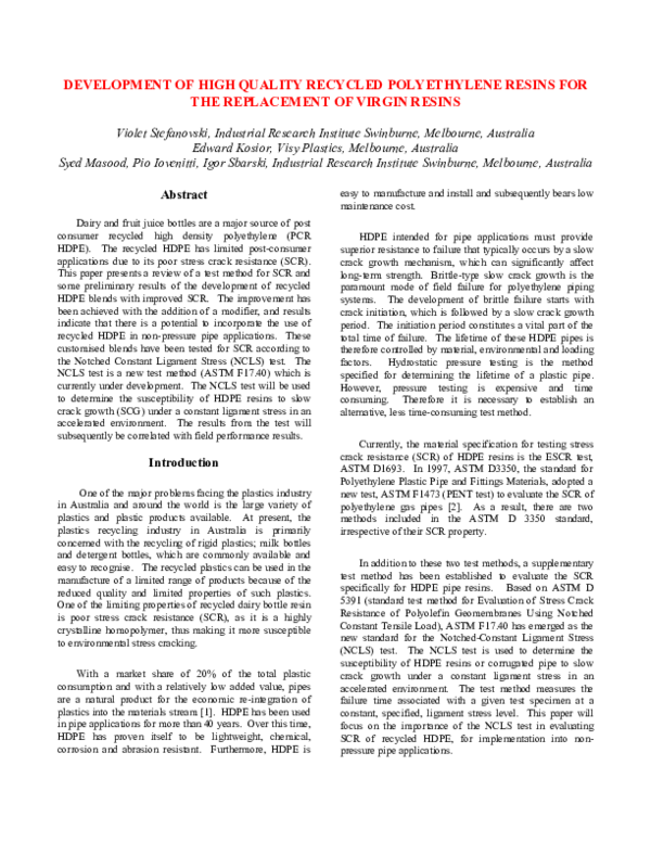 (PDF) Development of high quality recycled polyethylene resins for the ...