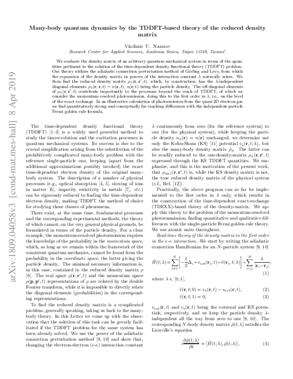 (PDF) Many-body quantum dynamics by the TDDFT-based theory of the ...