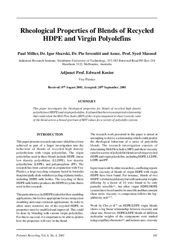 (PDF) Rheological Properties of Blends of Recycled HDPE and Virgin ...