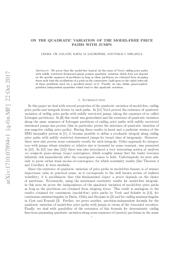 (PDF) On the quadratic variation of the model-free price paths with jumps