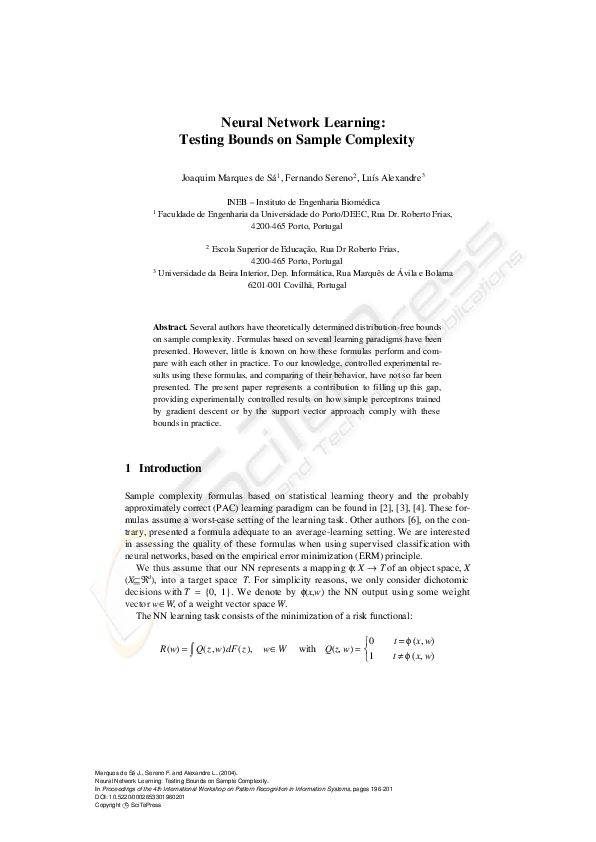 (PDF) Neural Network Learning: Testing Bounds on Sample Complexity