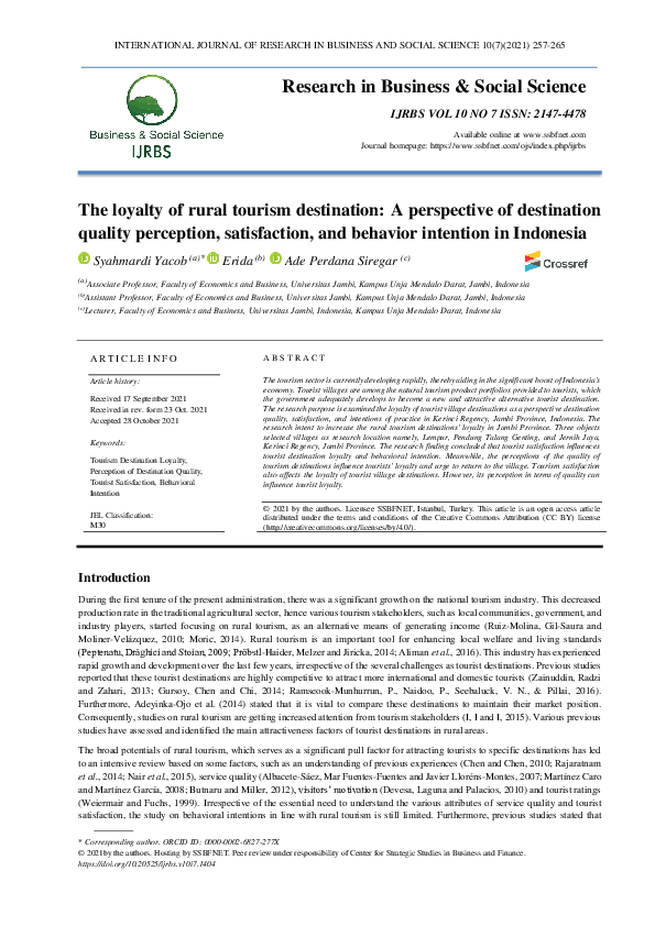 (PDF) The loyalty of rural tourism destination: A perspective of ...