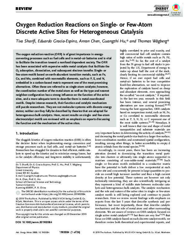 (PDF) Oxygen Reduction Reactions on Single‐ or Few‐Atom Discrete Active ...