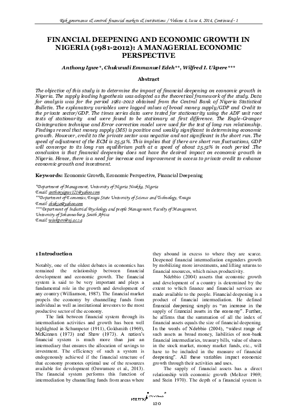 (PDF) Financial Deepening and Economic Growth in Nigeria (1981-2012): A ...