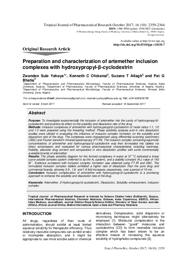 (PDF) Preparation and characterization of artemether inclusion ...