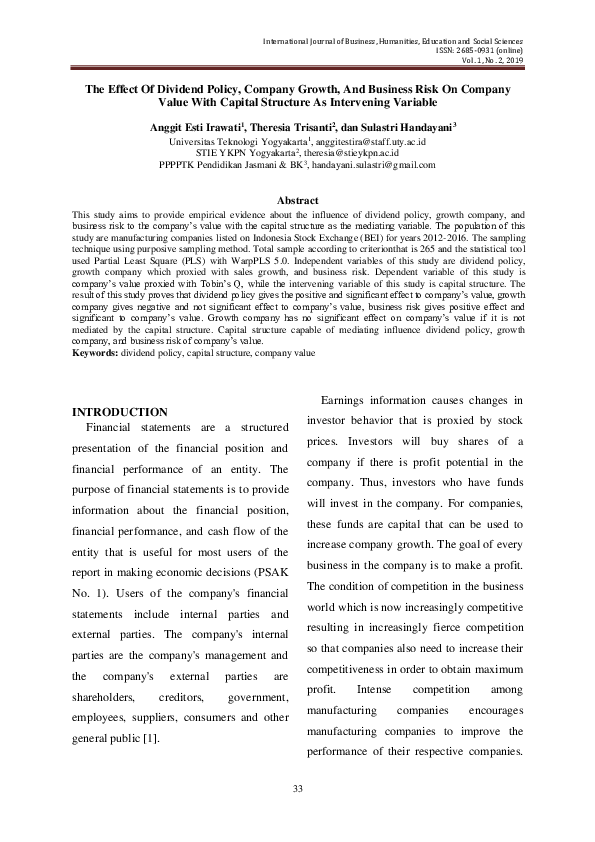 (PDF) The Effect Of Dividend Policy, Company Growth, And Business Risk ...