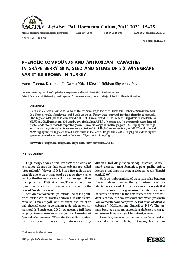 (PDF) Phenolic compounds and antioxidant capacities in grape berry skin ...