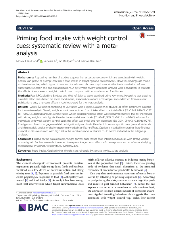 (PDF) Priming food intake with weight control cues: systematic review ...