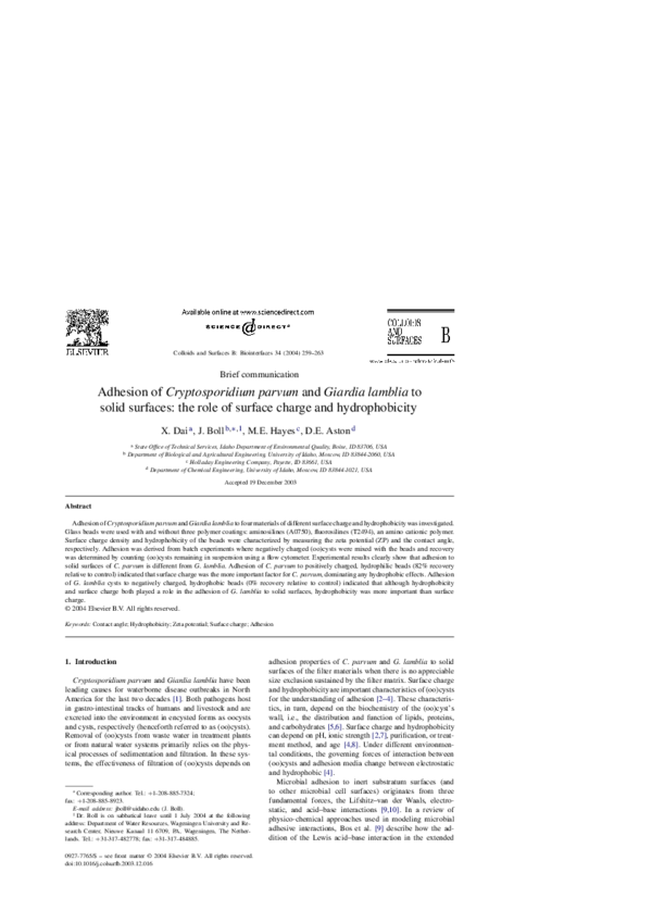 (PDF) Adhesion of Cryptosporidium parvum and Giardia lamblia to solid ...