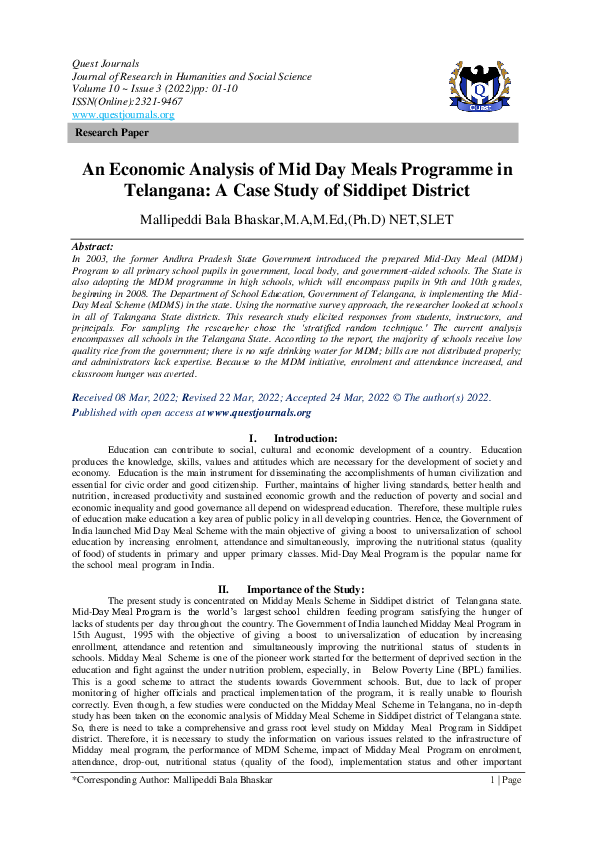 (PDF) An Economic Analysis of Mid Day Meals Programme in Telangana: A ...
