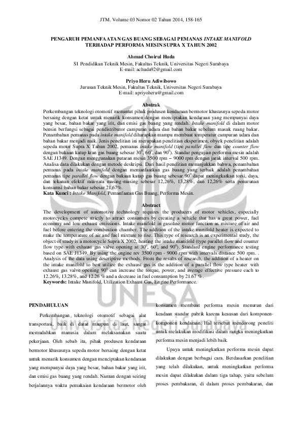 (PDF) Pengaruh Pemanfaatan Gas Buang sebagai Pemanas Intake Manifold terhadap Emisi Gas Buang