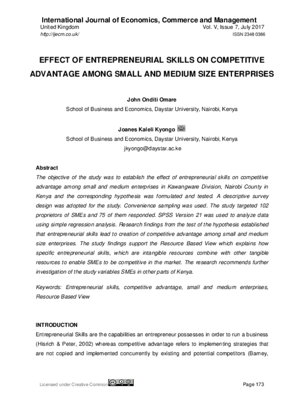 (PDF) Effect of Entrepreneurial Skills on Competitive Advantage Among ...