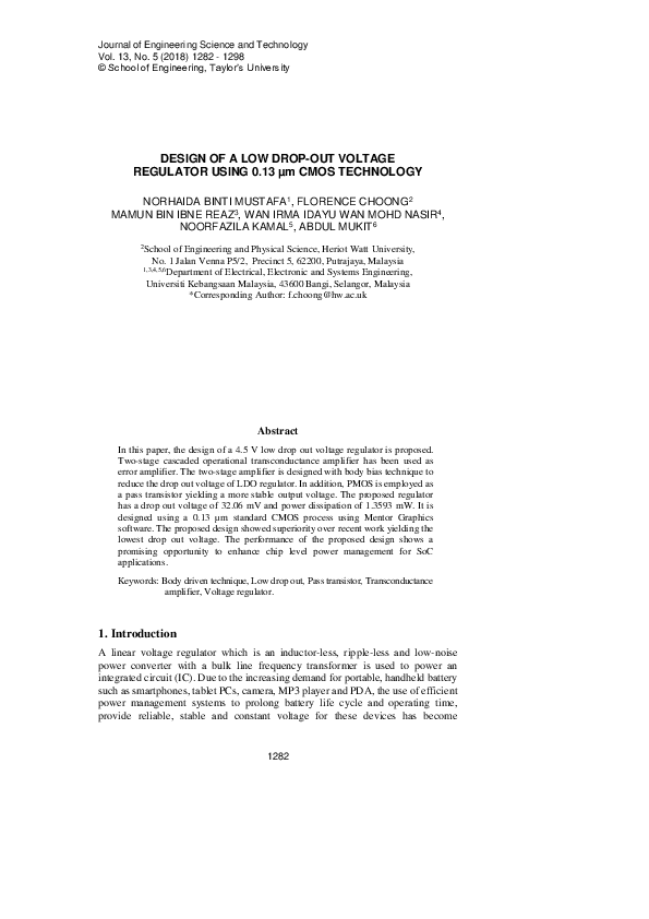 (PDF) Design of a low drop-out voltage regulator using 0.13 µm cmos ...