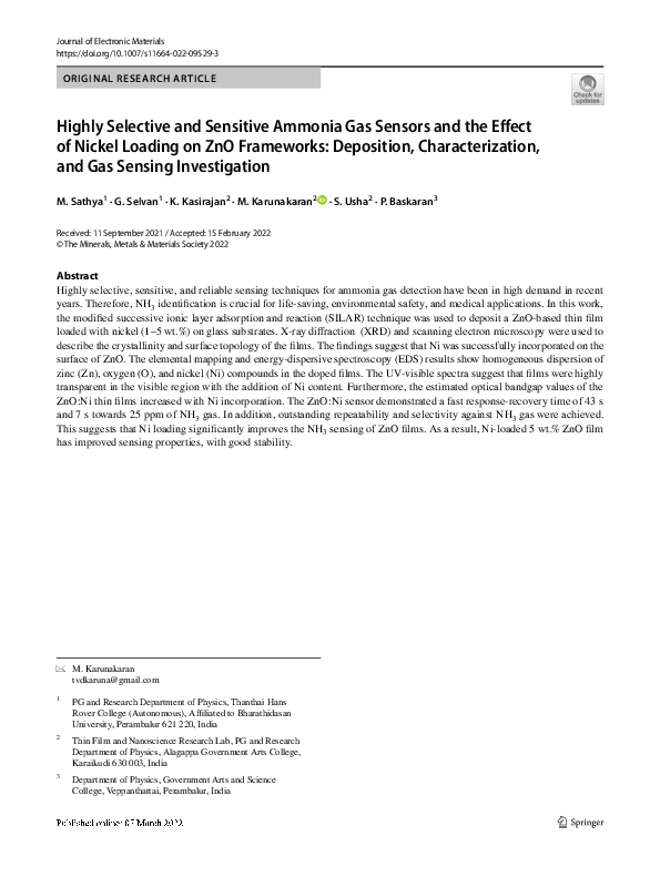 (PDF) Highly Selective and Sensitive Ammonia Gas Sensors and the Effect ...