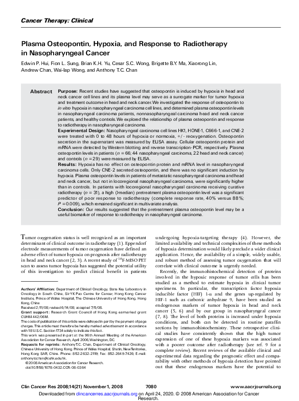 (PDF) Plasma osteopontin, hypoxia, and response to radiotherapy in ...