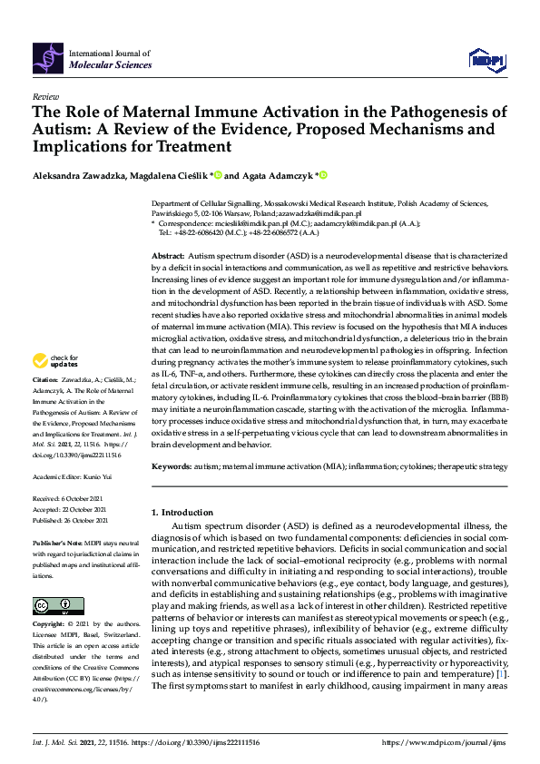 (PDF) The Role of Maternal Immune Activation in the Pathogenesis of ...