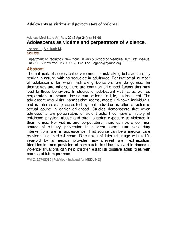 (PDF) Adolescents as Victims and Perpetrators of Violence