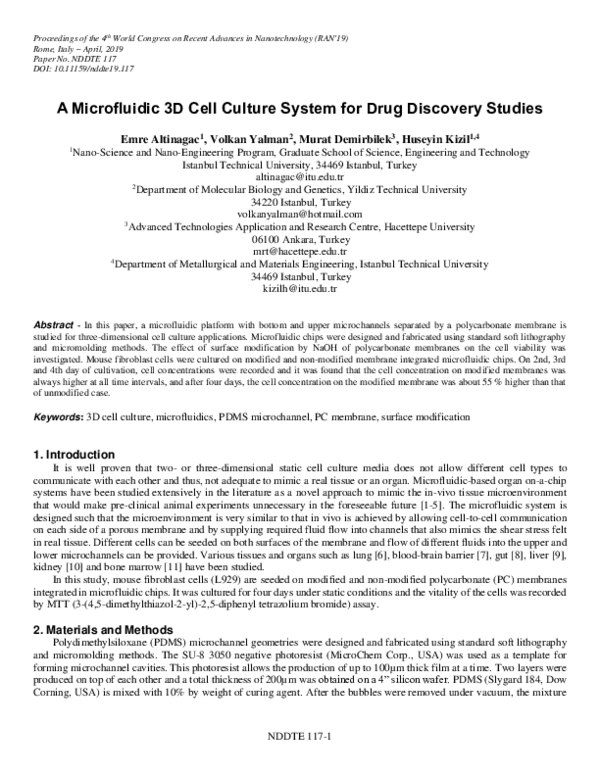 (PDF) A Microfluidic 3D Cell Culture System for Drug Discovery Studies