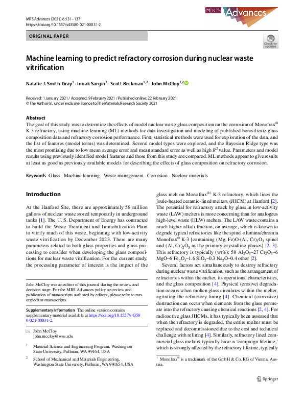 (PDF) Machine learning to predict refractory corrosion during nuclear ...