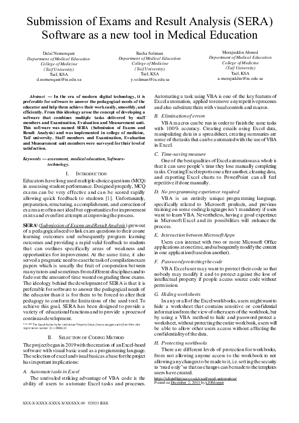 (PDF) Submission of Exams and Result Analysis (SERA) Software as a new ...