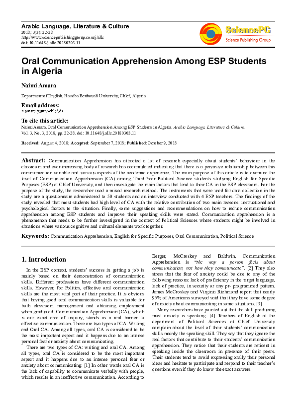 (PDF) Oral Communication Apprehension Among ESP Students in Algeria