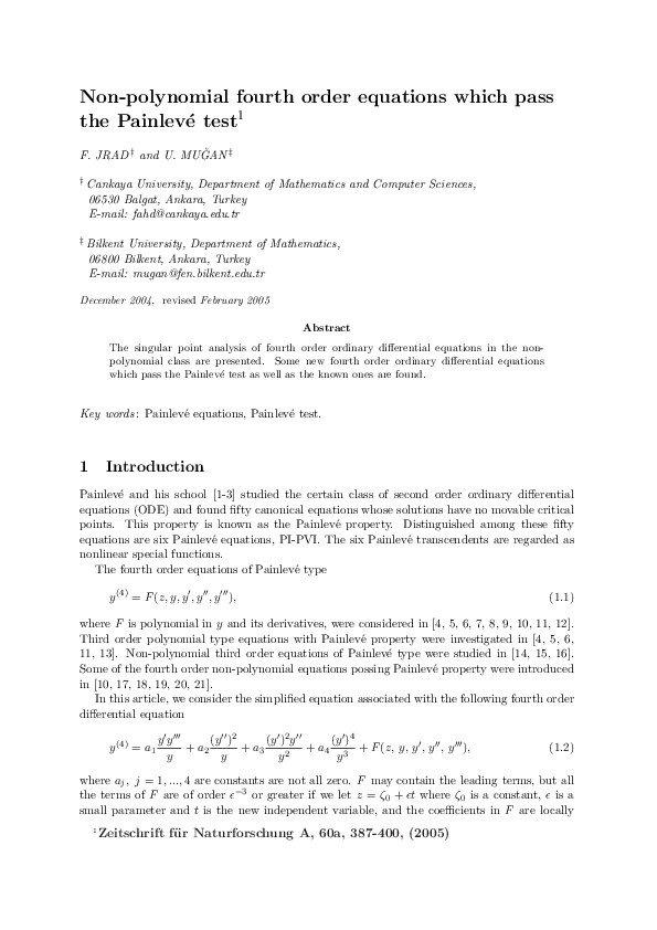 (PDF) Non-polynomial Fourth Order Equations which Pass the Painlevé Test