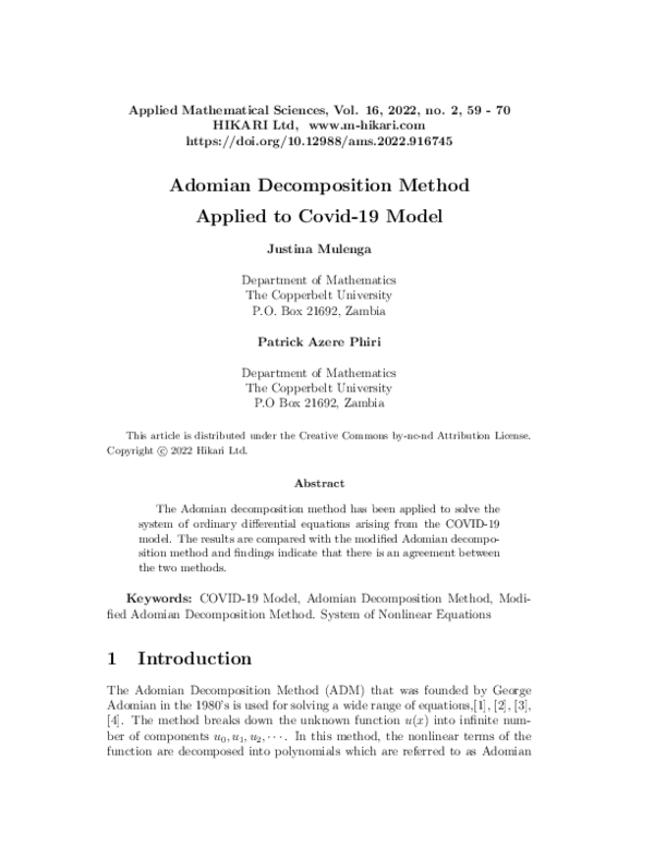 (PDF) Adomian decomposition method applied to Covid-19 model