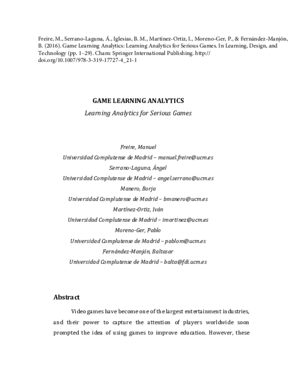 (PDF) Game Learning Analytics: Learning Analytics for Serious Games