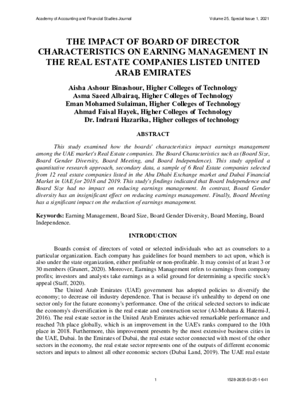 (PDF) The Impact of Board of Director Characteristics on Earning ...