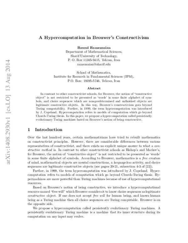 (PDF) A Hypercomputation in Brouwer's Constructivism