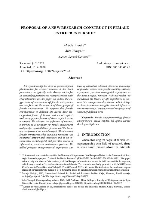 (PDF) Proposal of a new research construct in female entrepreneurship