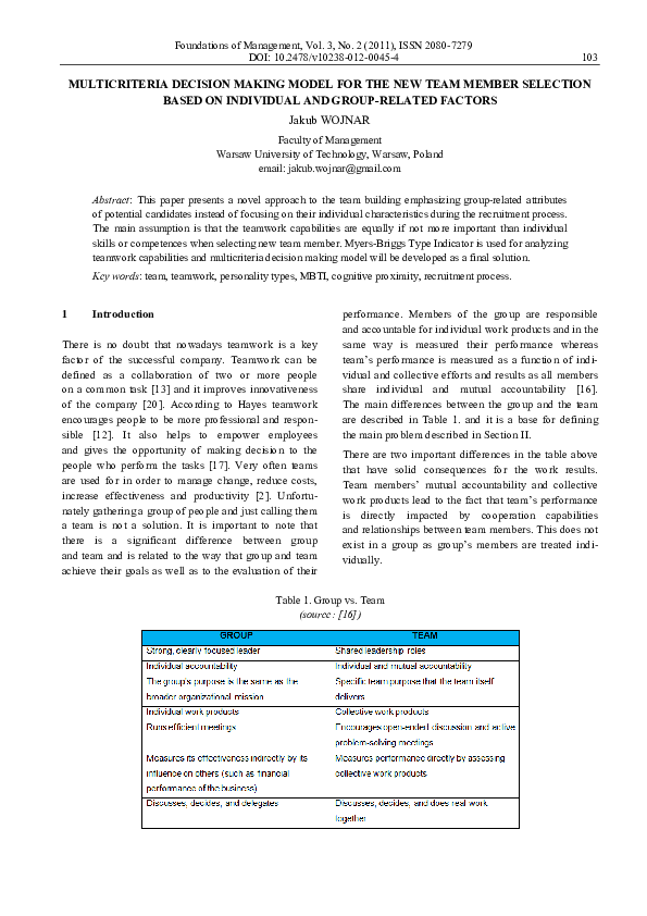 (PDF) Multicriteria Decision Making Model for the New Team Member ...