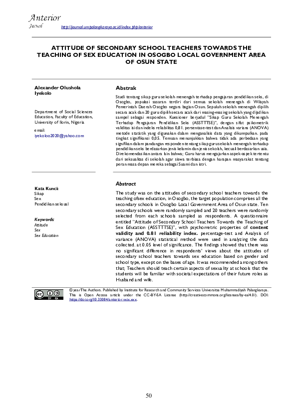 (PDF) Attitude of Secondary School Teachers Towards the Teaching of Sex ...