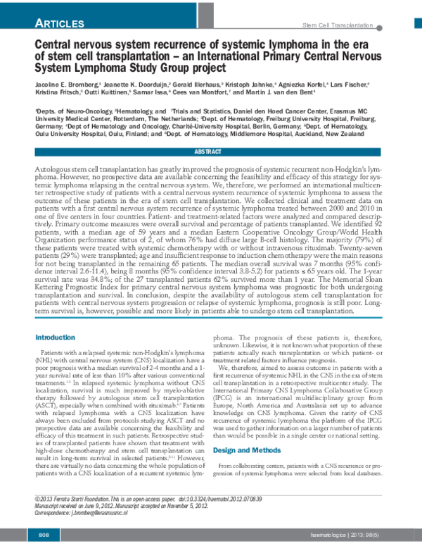 (PDF) Central nervous system recurrence of systemic lymphoma in the era ...