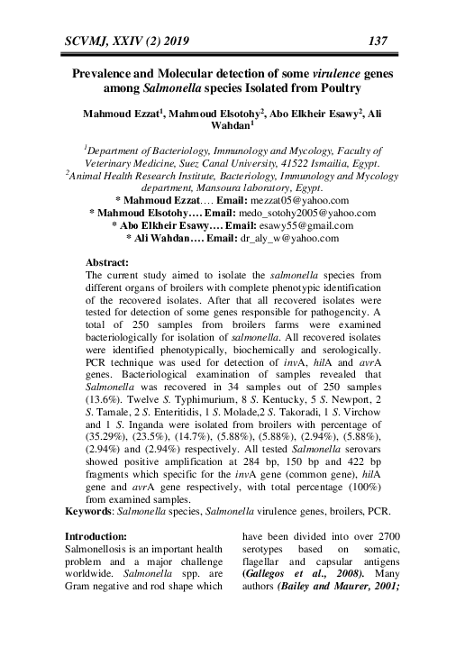 (PDF) Prevalence and Molecular detection of some virulence genes among ...