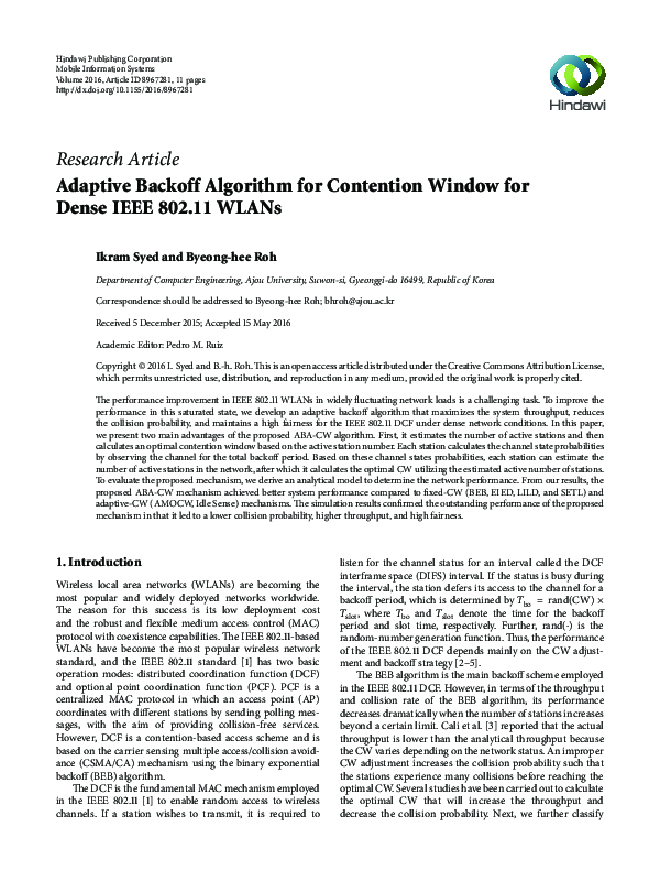 (PDF) Adaptive Backoff Algorithm for Contention Window for Dense IEEE ...