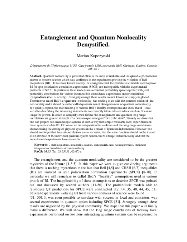 (PDF) Entanglement and Quantum Nonlocality Demystified