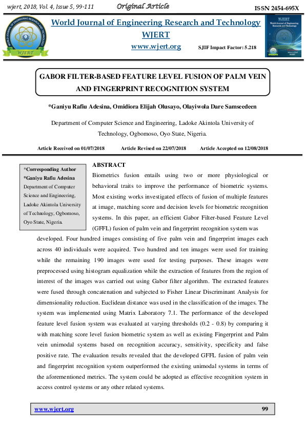 (PDF) GABOR FILTER-BASED FEATURE LEVEL FUSION OF PALM VEIN AND ...