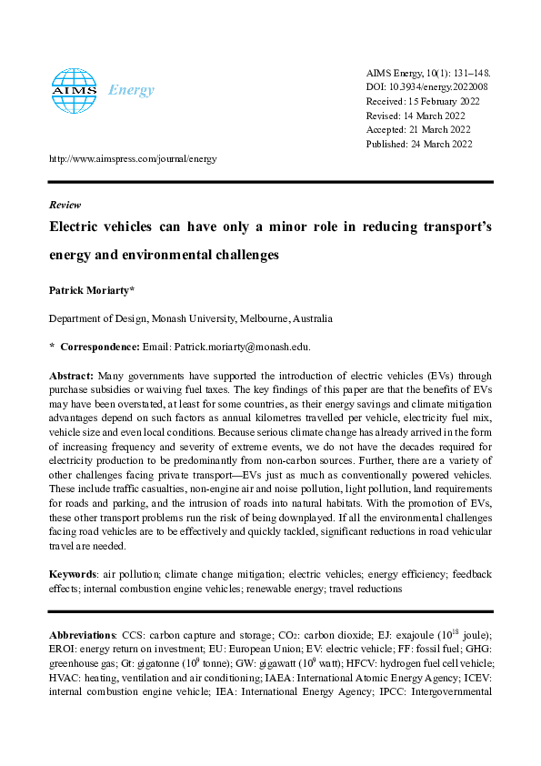 Electric vehicles can have only a minor role in reducing transport's energy and environmental challenges