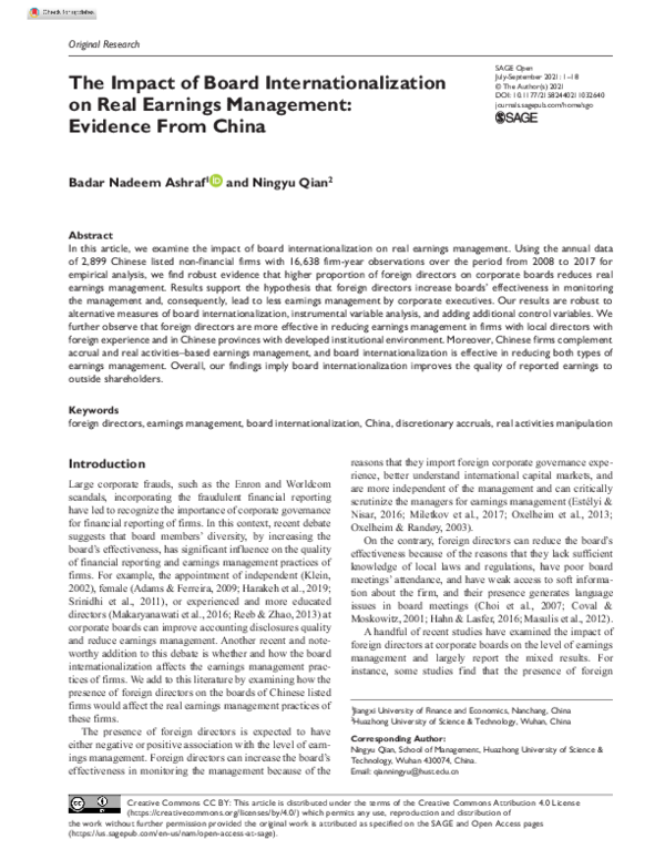 (PDF) The Impact of Board Internationalization on Real Earnings ...