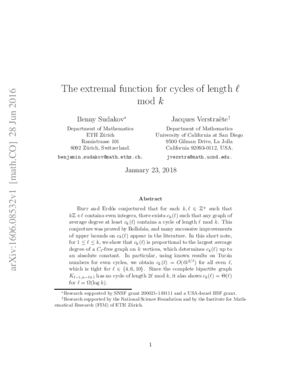 (PDF) The extremal function for cycles of length ℓ mod k