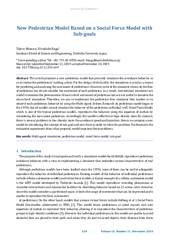 (PDF) New Pedestrian Model Based on a Social Force Model with Sub-goals