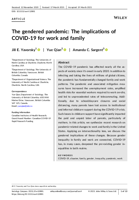 (PDF) The gendered pandemic: The implications of COVID‐19 for work and ...