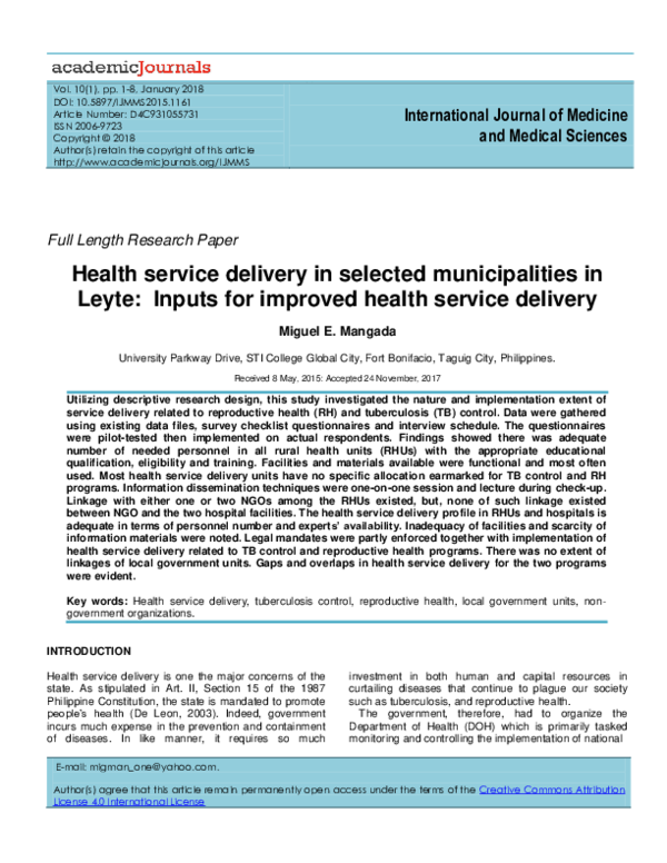 (PDF) Health service delivery in selected municipalities in Leyte ...