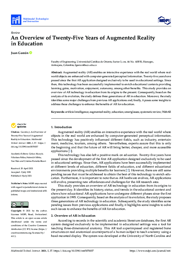 (PDF) An Overview of Twenty-Five Years of Augmented Reality in Education