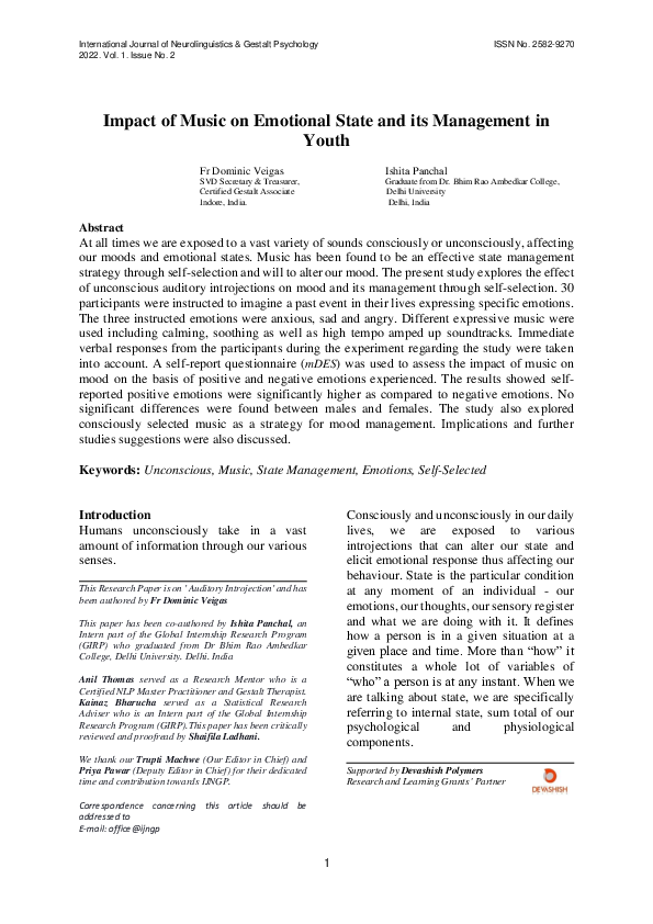 (PDF) Impact of Music on Emotional State and its Management in Youth