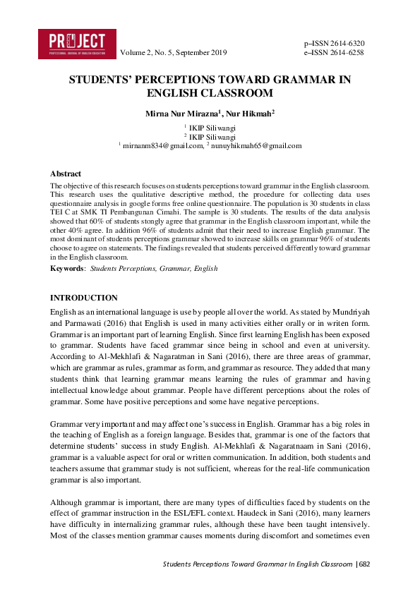 (PDF) Students Perceptions Toward Grammar in English Classroom