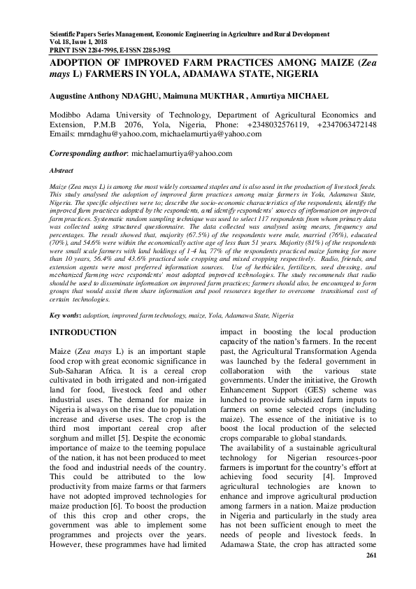 (PDF) ADOPTION OF IMPROVED FARM PRACTICES AMONG MAIZE ( Zea mays L ...