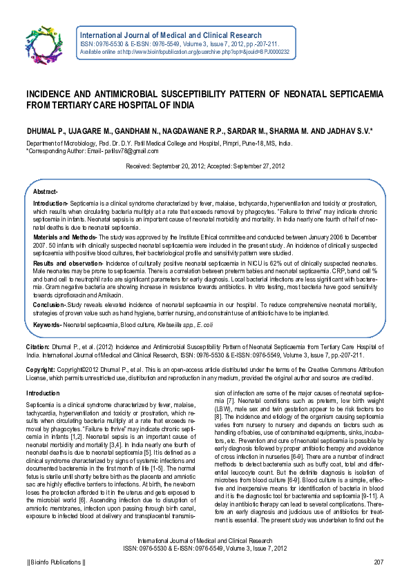 (PDF) Incidence and Antimicrobial Susceptibility Pattern of Neonatal ...